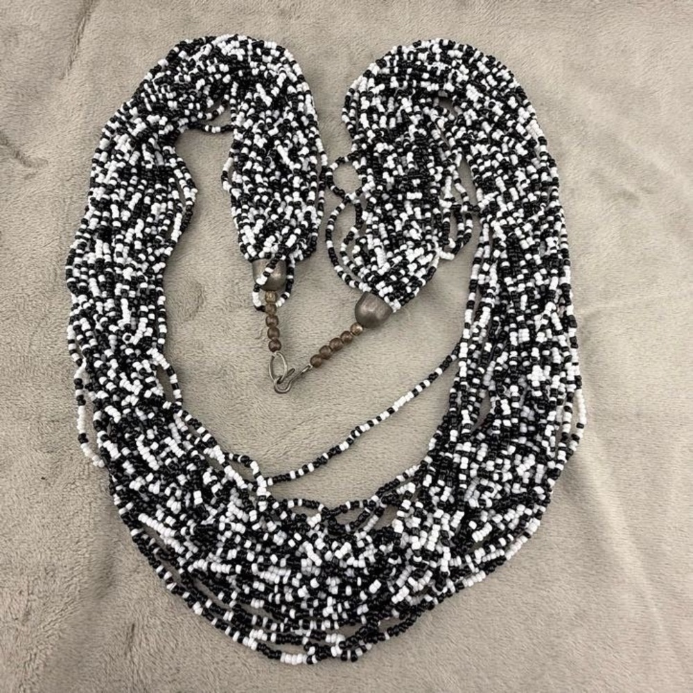 Vintage Estate Beaded‎ Layered Necklace Black White Glass Seed Bead 32in